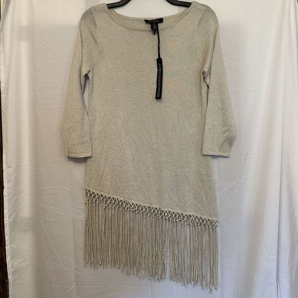 White House Black Market Tops - White House Black Market Size XS Fringed Tunic Gold Ivory Metallic Asymmetric‎
